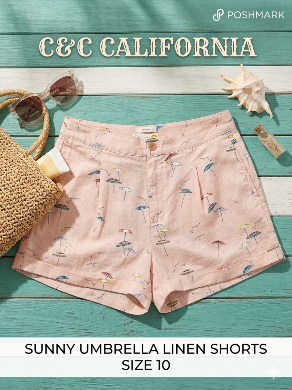 C&C California Pink Beach Umbrella Print 100% Linen Shorts Size 10